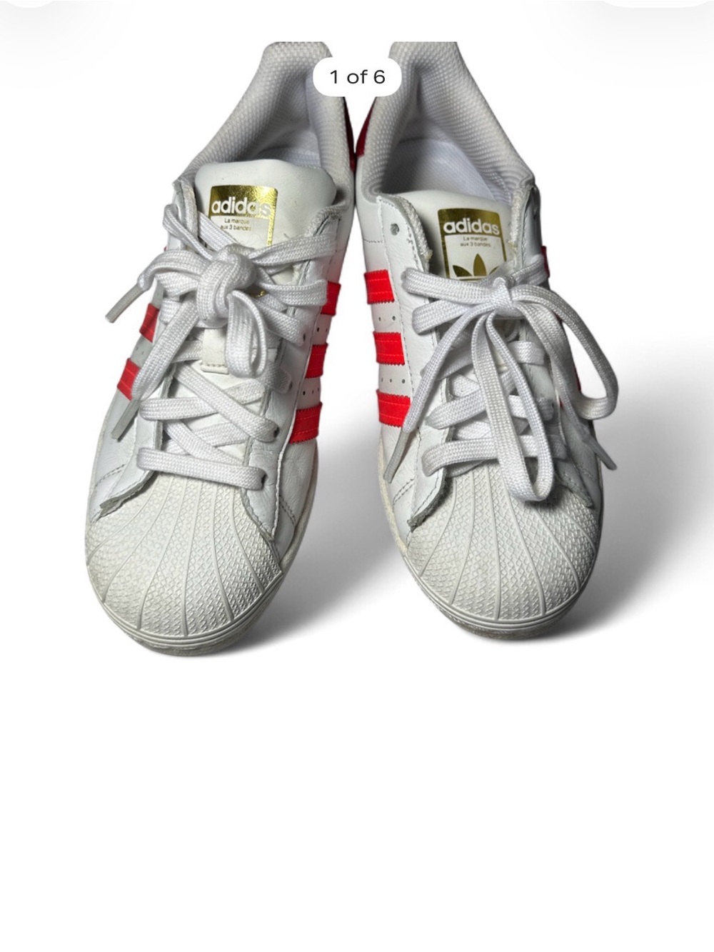 adidas White Sneakers with Red Stripes and Gold Logo